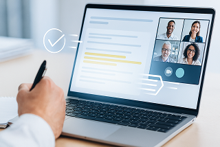 Laptop showing online meeting with multiple participants